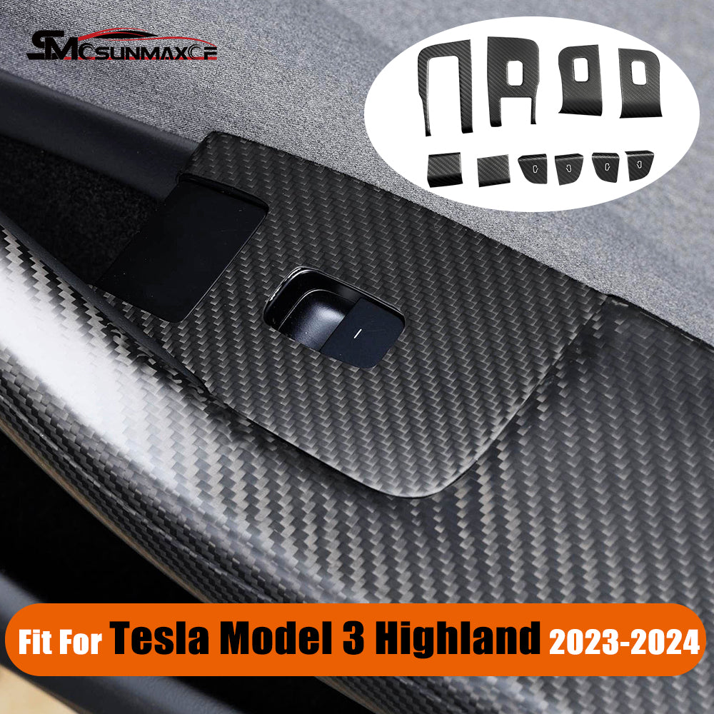 Garniture de couvercle de commutateur de fenêtre en fibre de carbone pour Tesla Model 3 Highland 2024 (10 pièces)