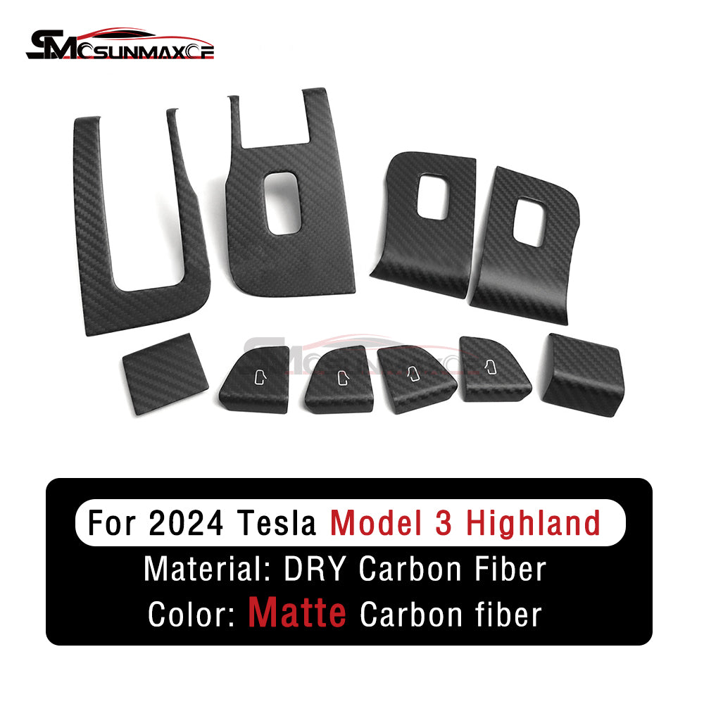 Garniture de couvercle de commutateur de fenêtre en fibre de carbone pour Tesla Model 3 Highland 2024 (10 pièces)