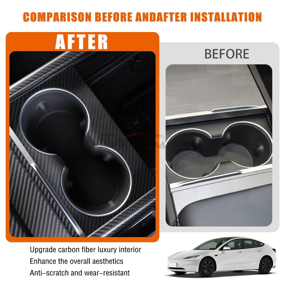 Cache porte-gobelet en fibre de carbone véritable pour console centrale Tesla Model 3 Highland 2024