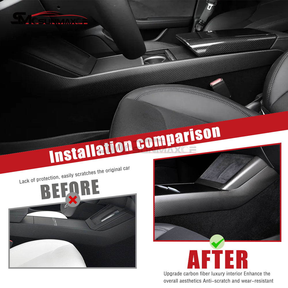 Panneau de garniture latéral de levier de vitesse en fibre de carbone pour console centrale Tesla Model 3 Highland 2024
