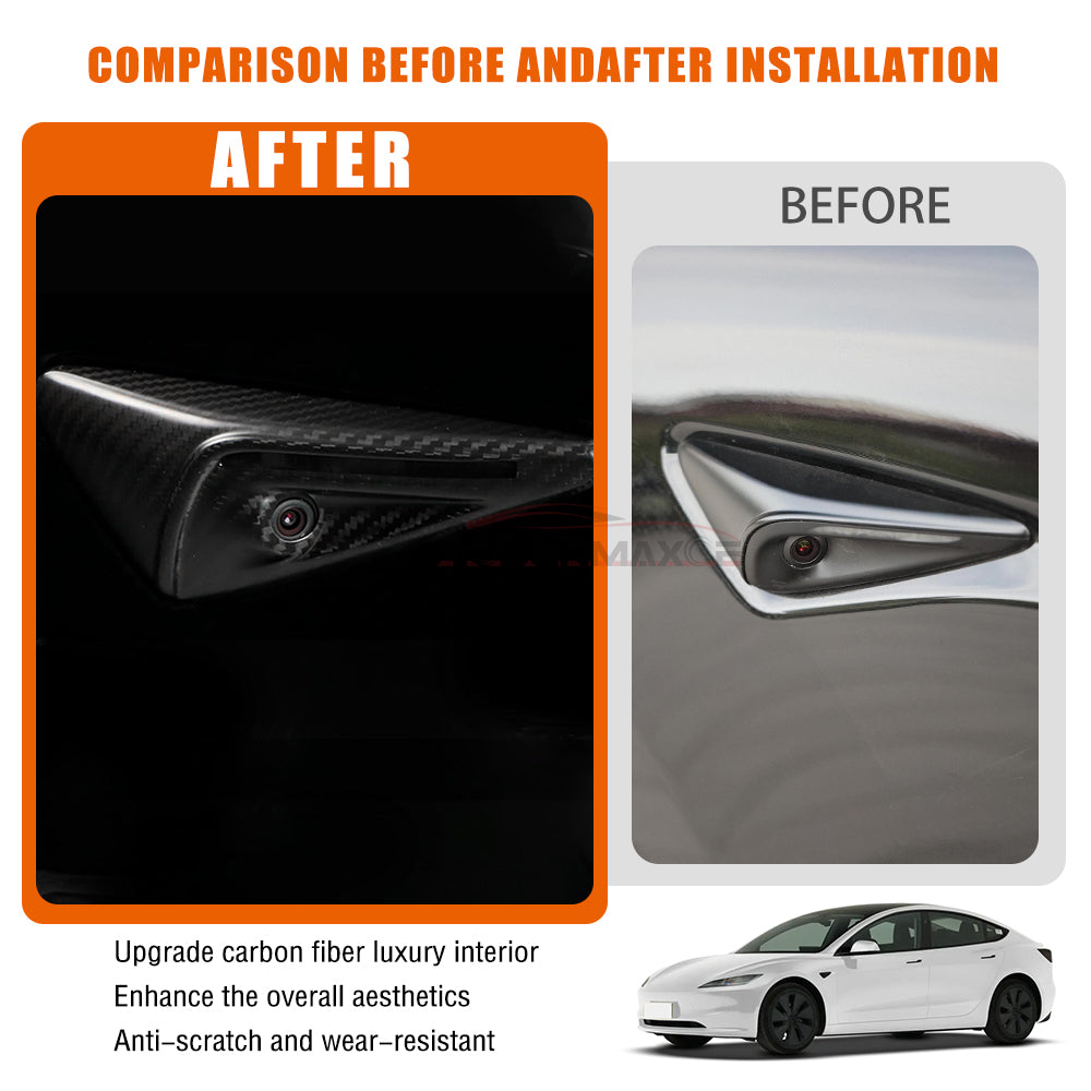Cache-caméra latéral en fibre de carbone véritable pour clignotants Tesla Model 3 Highland 2023-2024