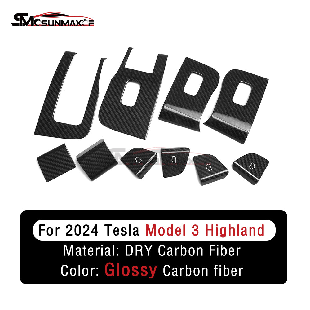 Garniture de couvercle de commutateur de fenêtre en fibre de carbone pour Tesla Model 3 Highland 2024 (10 pièces)